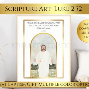 Peut inclure: Une impression d'art numérique représentant une illustration aquarelle de Jésus en robe blanche, debout dans un champ de fleurs. L'impression a un cadre doré et comprend le texte "Jésus a grandi en sagesse et en stature, et en faveur auprès de Dieu et des hommes" et "Luc 2:52".