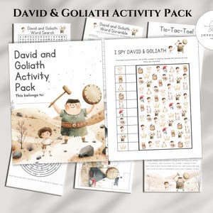 May include: A collection of children's activity sheets featuring the story of David and Goliath. The main sheet has a watercolor illustration of David and Goliath. Other sheets include a word search, word scramble, I Spy game, and Tic-Tac-Toe.