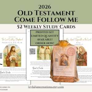 May include: A set of 52 weekly study cards for the 2026 Old Testament Come Follow Me program. The cards feature illustrations and text, including the text "The Lord Is My Shepherd" and "My Heart Rejoiceth in the Lord". The cards are packaged in a clear bag.