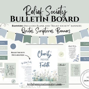 以下が含まれることがあります： 「Relief Society Bulletin Board」のテキストが入ったデジタル掲示板デザイン。バナー、引用句、聖書、その他の要素が含まれています。「Charity Never Faileth」という言葉と花の模様が特徴です。インスタントダウンロード。