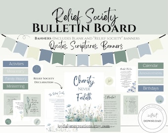 LDS Relief Society Bulletin Board, Editable Banner and Headings, Birthday Lists, Ministering and Old Testament Quotes & More!