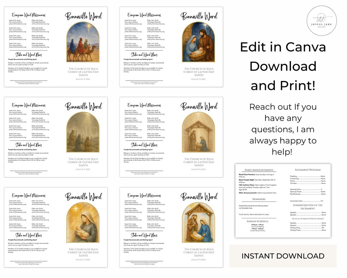 LDS Christmas Sacrament Meeting Program Template, Editable Canva