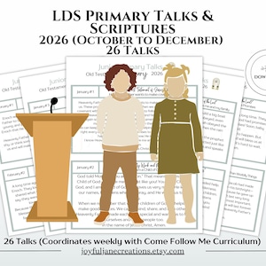 Op de afbeelding: Een digitale documentenset getiteld LDS Primary Talks & Scriptures 2026 (October to December) 26 Talks, met illustraties van twee kinderen bij een spreekgestoelte, tekstpagina's met wekelijkse lessen en een icoon voor directe download.