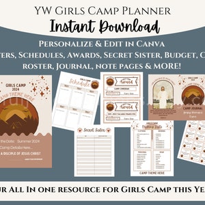 LDS Girls Camp planner personalize & plan YW Camp with this instant download, includes treat tags, awards, budget, secret sister and more.