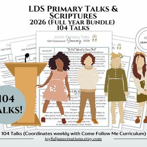 May include: A bundle of 104 LDS Primary Talks & Scriptures for 2026, with a full-year bundle. The design includes illustrations of children and a podium. The text includes "Junior Primary Talks" and "Old Testament". The Etsy shop name is also included.