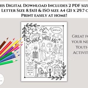 May include: Black and white line art coloring page with the text "Walk With Me" and other religious imagery. Includes a set of colored pencils and the text "Great for your next youth activity!"