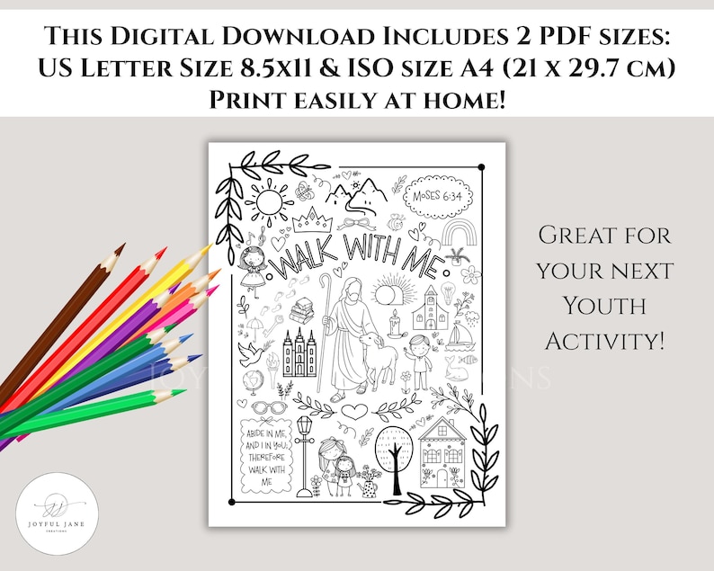 May include: Black and white line art coloring page with the text "Walk With Me" and other religious imagery. Includes a set of colored pencils and the text "Great for your next youth activity!"