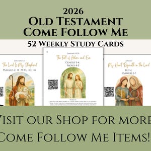 Op de afbeelding: Een set van 2026 Oude Testament "Come Follow Me" studiekaarten. De kaarten bevatten illustraties en tekst, waaronder "The Lord Is My Shepherd" en "The Fall of Adam and Eve". De afbeelding bevat ook de tekst "Visit our shop for more Come Follow Me items!"