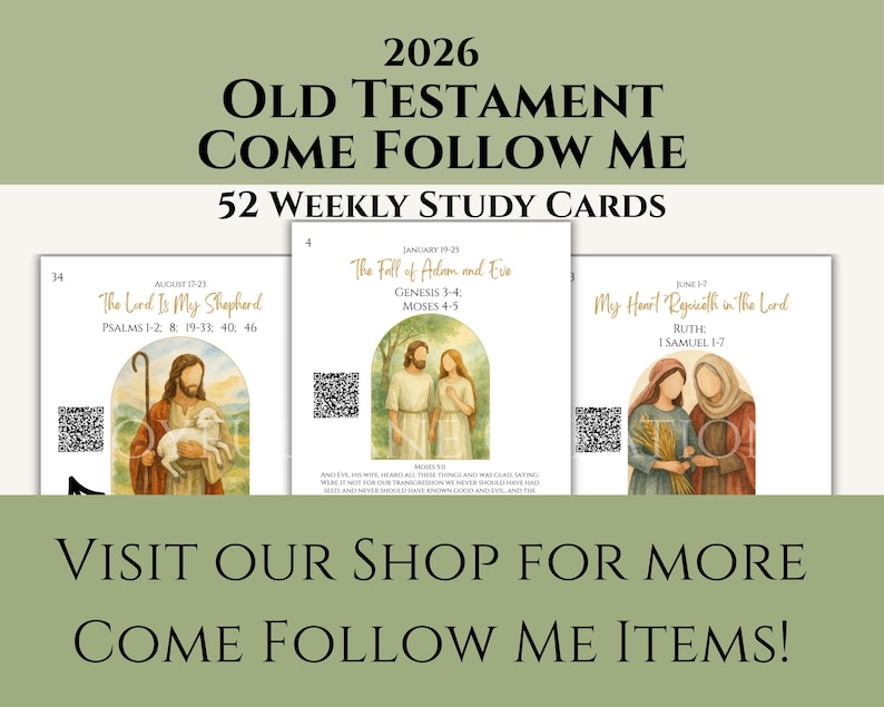 Op de afbeelding: Een set van 2026 Oude Testament "Come Follow Me" studiekaarten. De kaarten bevatten illustraties en tekst, waaronder "The Lord Is My Shepherd" en "The Fall of Adam and Eve". De afbeelding bevat ook de tekst "Visit our shop for more Come Follow Me items!"