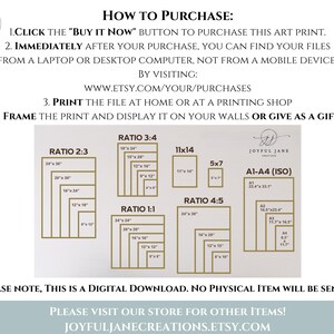 May include: An informational graphic with text, including "How to Purchase" instructions and size ratios for art prints. The image displays various print sizes in inches, such as 24x36, 20x30, and 16x24, along with the Etsy shop's URL.