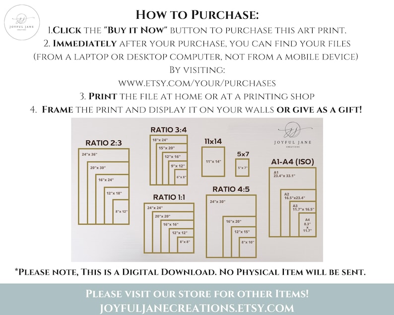 May include: An informational graphic with text, including "How to Purchase" instructions and size ratios for art prints. The image displays various print sizes in inches, such as 24x36, 20x30, and 16x24, along with the Etsy shop's URL.