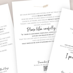 Puede incluir: Dos p&aacute;ginas blancas con texto negro. La p&aacute;gina izquierda tiene el texto "Gift of Priesthood Keys" y "April 2024". La p&aacute;gina derecha tiene el texto "Mis queridos hermanos y hermanas, c&oacute;mo nos tratamos unos a otros realmente importa!" y "Por favor, escuchen atentamente." El texto "Si hay algo virtuoso, hermoso o digno de ser reportado o alabado" tambi&eacute;n est&aacute; en la p&aacute;gina derecha. El texto "Pencemaker's Voice" y "Russell M. Nelson" est&aacute; en la parte inferior de la p&aacute;gina derecha.