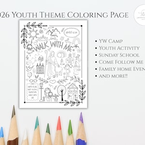 May include: A black and white coloring page with the text "2026 Youth Theme Coloring Page" and "Walk With Me". The page features illustrations of a church, Jesus with a lamb, and other religious symbols. Colored pencils are at the bottom.