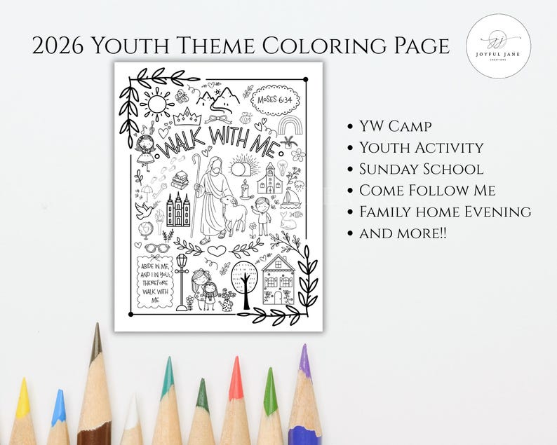 May include: A black and white coloring page with the text "2026 Youth Theme Coloring Page" and "Walk With Me". The page features illustrations of a church, Jesus with a lamb, and other religious symbols. Colored pencils are at the bottom.