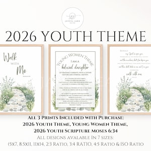 May include: Three framed prints with a light wood finish. The prints feature text and watercolor illustrations of a stone path with greenery. The text includes "2026 Youth Theme", "Walk With Me", and "Young Women Theme".