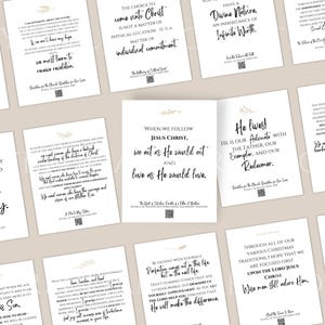 Puede incluir: Un conjunto de tarjetas imprimibles con citas inspiradoras sobre la fe y la religi&oacute;n. Las tarjetas presentan texto negro sobre fondo blanco con acentos dorados. El texto incluye citas como "La decisi&oacute;n de venir a Cristo no es una cuesti&oacute;n de ubicaci&oacute;n f&iacute;sica. Es una cuesti&oacute;n de compromiso individual." y "Cuando seguimos a Jesucristo, actuamos como &Eacute;l actuar&iacute;a y amamos como &Eacute;l amar&iacute;a."
