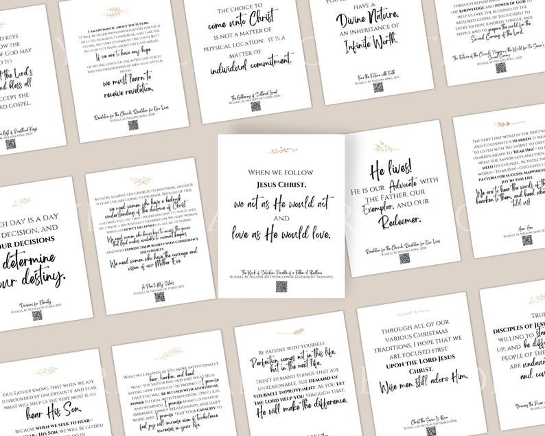 Puede incluir: Un conjunto de tarjetas imprimibles con citas inspiradoras sobre la fe y la religi&oacute;n. Las tarjetas presentan texto negro sobre fondo blanco con acentos dorados. El texto incluye citas como "La decisi&oacute;n de venir a Cristo no es una cuesti&oacute;n de ubicaci&oacute;n f&iacute;sica. Es una cuesti&oacute;n de compromiso individual." y "Cuando seguimos a Jesucristo, actuamos como &Eacute;l actuar&iacute;a y amamos como &Eacute;l amar&iacute;a."