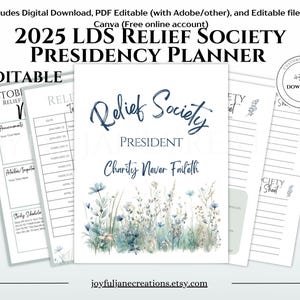 LDS Relief Society Presidency Planner binder, Editable RS newsletter, calendar, RS lesson planner 2025 Come Follow Me Schedule & More!
