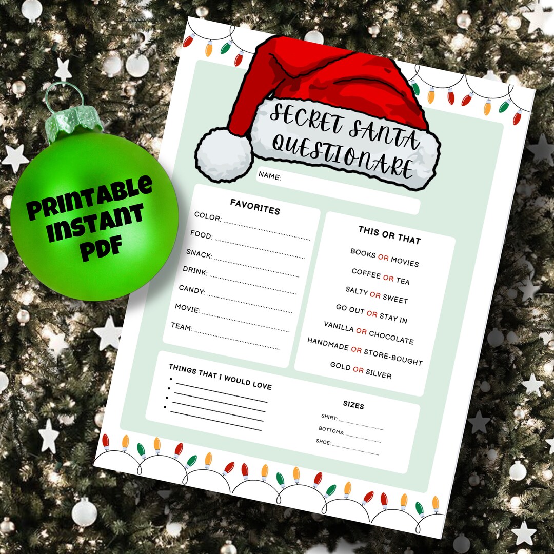PRINTABLE Secret Santa Questionnaire Etsy PRINTABLE Secret Santa Questionnaire Etsy