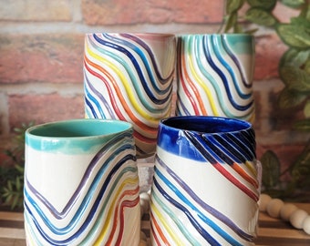 Rainbow Tumblers with comfort grip indents. Canadian made, ready to ship