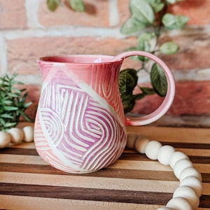 The Alice - handmade Canadian pottery, painted in shades of pink and handcarved designs, ready to ship