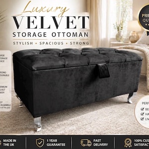 May include: A black velvet storage ottoman with a tufted top and silver-coloured legs. The ottoman is labelled "Luxury Velvet Storage Ottoman" and is described as stylish, spacious, and strong. Suitable for a bedroom, hallway, or living room.