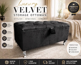 Ottoman Storage Box Velvet Bench Footstool | Blanket Box Storage Chest | Bedroom Hallway Seating | Upholstered Pouffe UK