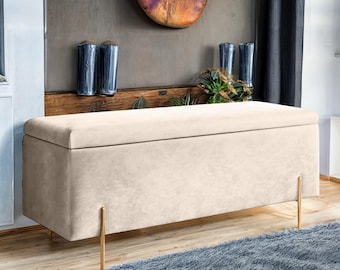 Minimalist Velvet Ottoman Storage Bench – Engineered Wood Frame, Plush Upholstered Blanket Box, Modern End of Bed Bench with Gold Legs