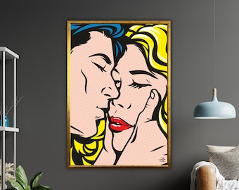 Kiss Pop Art Canvas Print, Ready to Hang, Modern Wall Decor, Pop Art Painting, Framed Canvas