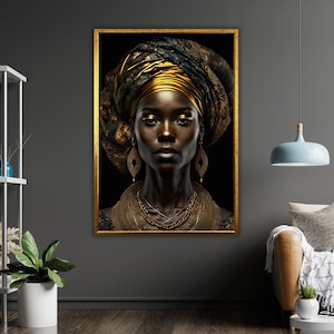 Ethnic Art Black and Gold Woman Canvas Print, Ready to Hang, Framed African American Art, Wall Decor, Contemporary Home Decor