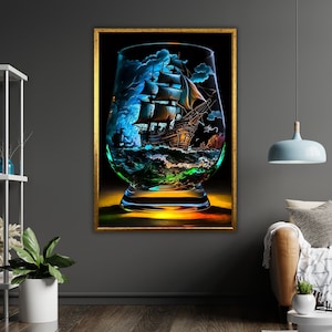Stampa su tela Ship Inside Bowl, arte da parete nautica, pronta da appendere, decorazione incorniciata, pittura marittima