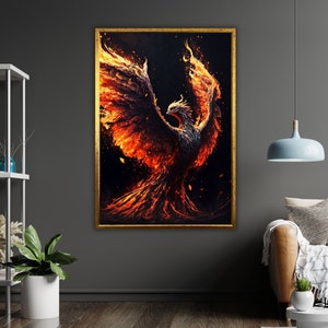 Lienzo de arte fénix, pintura de pájaros míticos, decoración de arte de pared, obras de arte de fantasía, regalo para ella