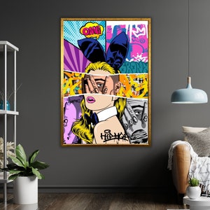 Bunny Girl Pop Art Canvas Print, listo para colgar, arte de pared enmarcado, decoración colorida de conejos, obras de arte caprichosas