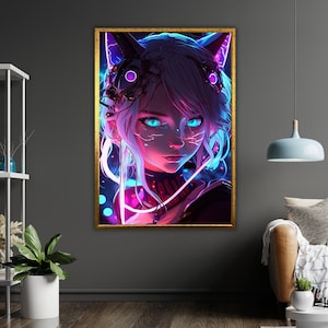Anime Cat Girl Art Canvas, Japanse Manga Wall Decor, Otaku Gift, Cartoon Car Poster
