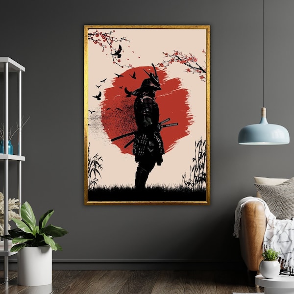 Samouraï en lune Art Canvas Print, prêt à accrocher, décor mural encadré, cadeau de guerrier japonais