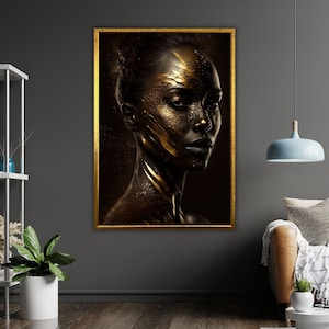 Ethnic Art Ready to Hang Golden Black Woman Canvas Print, Framed Art, African American Art, Modern Home Decor