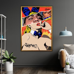 Impresión colorida de lienzo de arte pop de conejita, arte de pared enmarcado, listo para colgar, decoración de conejo caprichosa, regalo peculiar