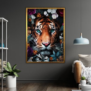 Arte del lienzo del tigre, decoración de la pared de la vida silvestre, estampado animal, pintura inspirada en la naturaleza, obras de arte de la selva