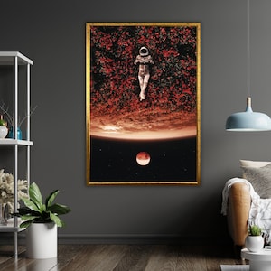 Astronaut Sleeping on Flowers Art Canvas, Space Wall Decor, Modern Art, Space Flowers Gift, Unique Home Decor