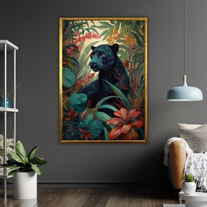 Jaguar en lienzo de arte de flores, Decoración de pared de vida silvestre, Regalo de amante de los animales, Pintura inspirada en la naturaleza