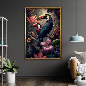 Pájaro tucán en el lienzo de arte del bosque, decoración de la pared de aves tropicales, pintura de vida silvestre, regalo amante de la naturaleza