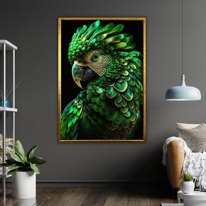 Exuberante lienzo de arte de loros, pintura de aves tropicales, decoración de la selva, arte de pared exótico, inspirado en la naturaleza, colores vibrantes