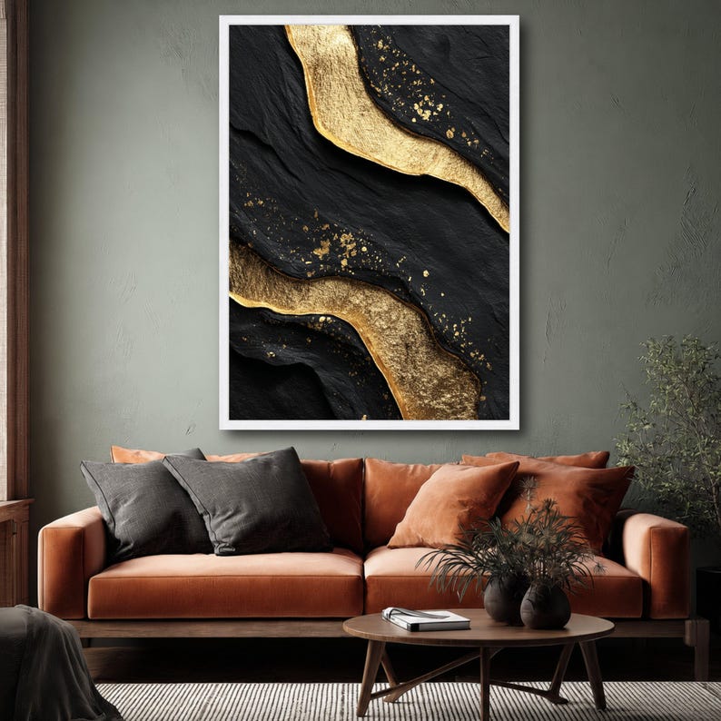Luxurious Black and Gold Abstract Canvas Wall Art, Modern Geode Design ...
