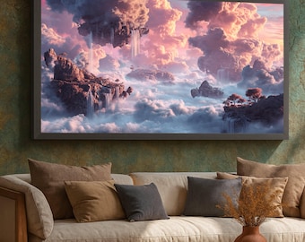 Dreamy Floating Islands Canvas Wall Art, Surreal Waterfall Landscape, Mystical Cloudscape Canvas, Fantasy Nature Scene, Home Decor Art Print