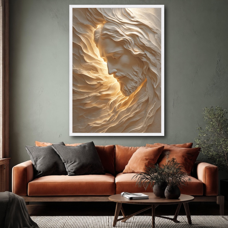 Radiant Jesus Portrait Canvas, Spiritual Wall Art, Divine Light Sculpture, Inspirational Religious Home Decor, Sacred Christian Canvas image 3