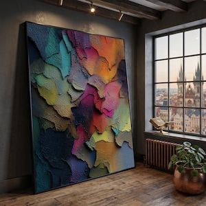 Abstrakte bunte Leinwand Wandkunst, mehrfarbige moderne Malerei, zeitgenössisches Wohndekor, dicke Farbschichten Kunstwerk, fertig zum Aufhängen