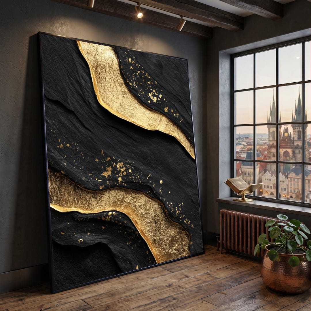 Luxurious Black and Gold Abstract Canvas Wall Art, Modern Geode Design ...