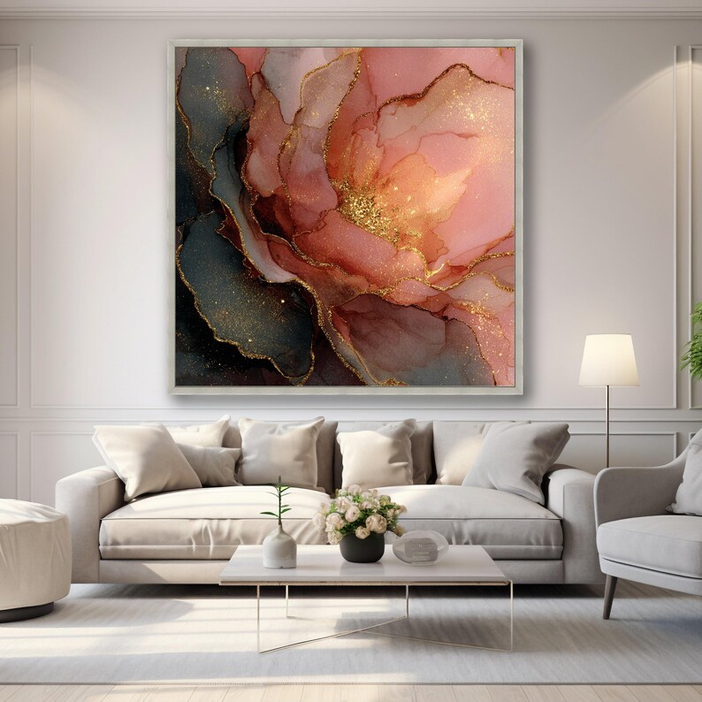 Elegant Blush Pink and Black Floral Abstract Canvas, Gold Glitter ...