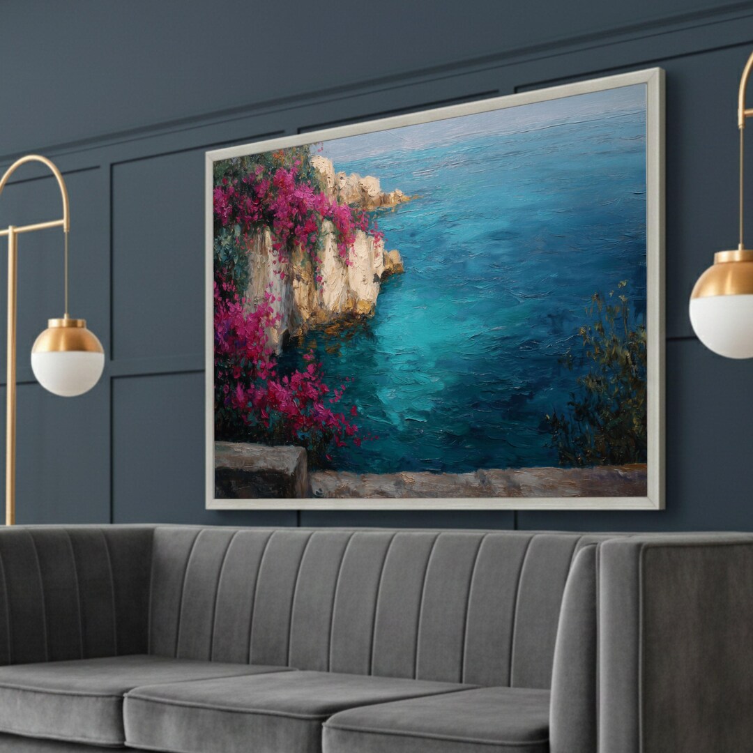 Vibrant Coastal View Canvas, Mediterranean Sea Cliff Wall Art ...
