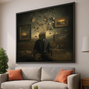 Surrealistisk exploderande huvud på canvas, abstrakt konceptuell konst, figurativ väggdekor, modern heminredning, unik canvasväggkonst